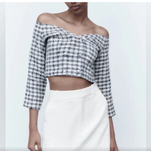 Zara Tweed Off the Shoulder Crop Top Sz L